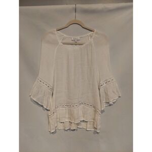 New Directions Womens White 3/4 Sleeve Boho Style Blouse Size Small